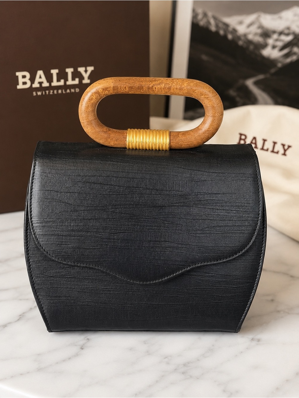 Vintage Bally Black Leather Sculptural Wood Top Handle Handbag | EUC